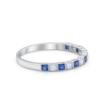 Half Eternity Wedding Ring Round Simulated Blue Sapphire CZ 925 Sterling Silver